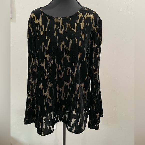 Calvin Klein Top Womens Medium Black Flocked Velvet Metallic Gold Bell Sleeve - Picture 1 of 7